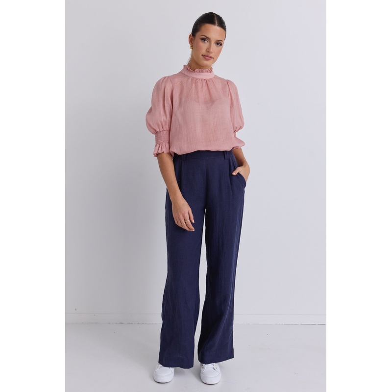 Bestow Navy Linen Elastic Back Wide Leg Pants