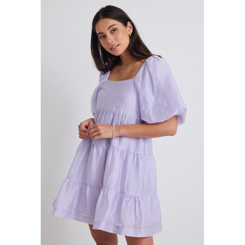 Beyond Lilac Puff Sleeve Tiered Mini Dress