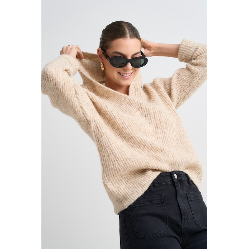 Birdie Oat V Neck Hooded Knit Jumper