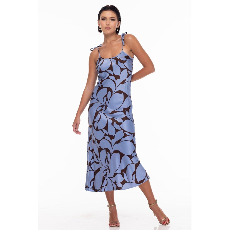 Bow Coco Blue Floral Print Bias Strappy Midi Dress
