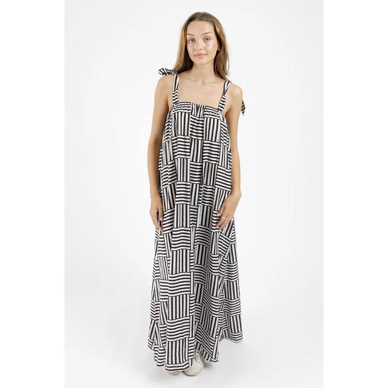 Bowie Black White Print Tie Shoulder Maxi Dress