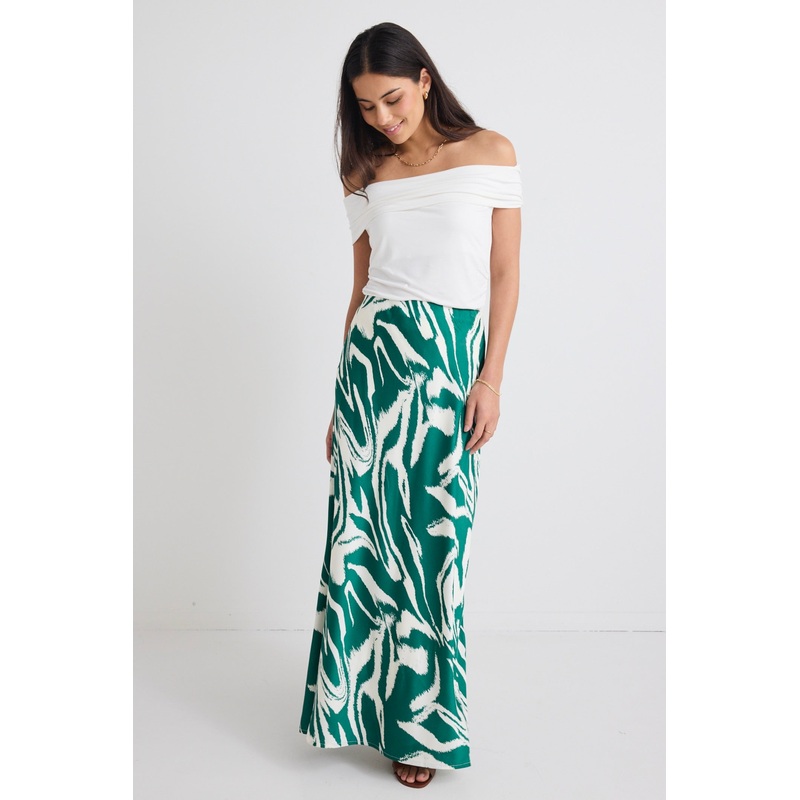 Breathe Green Zebra Satin Bias Maxi Skirt