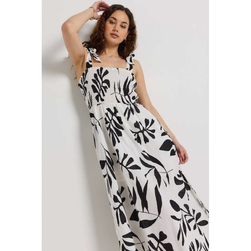 Capricorn Ivory Leaf Print Tie Strap Shirred Midi Dress