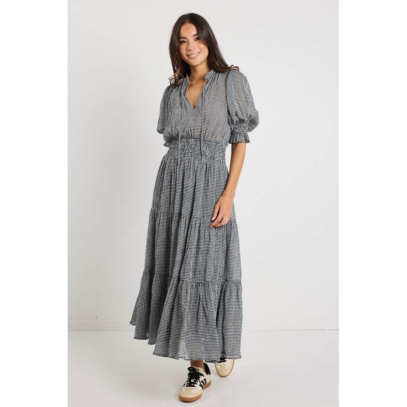Charlie Black Gingham SS V Neck Tiered Midi Dress
