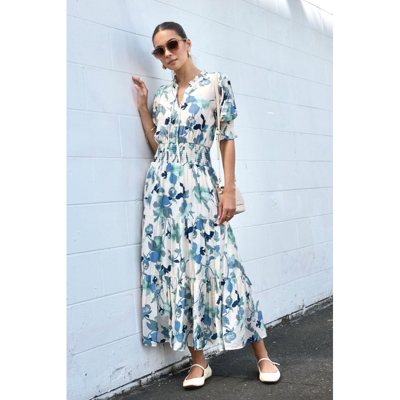 Charlie Blue Cream Floral SS V neck Tiered Midi Dress