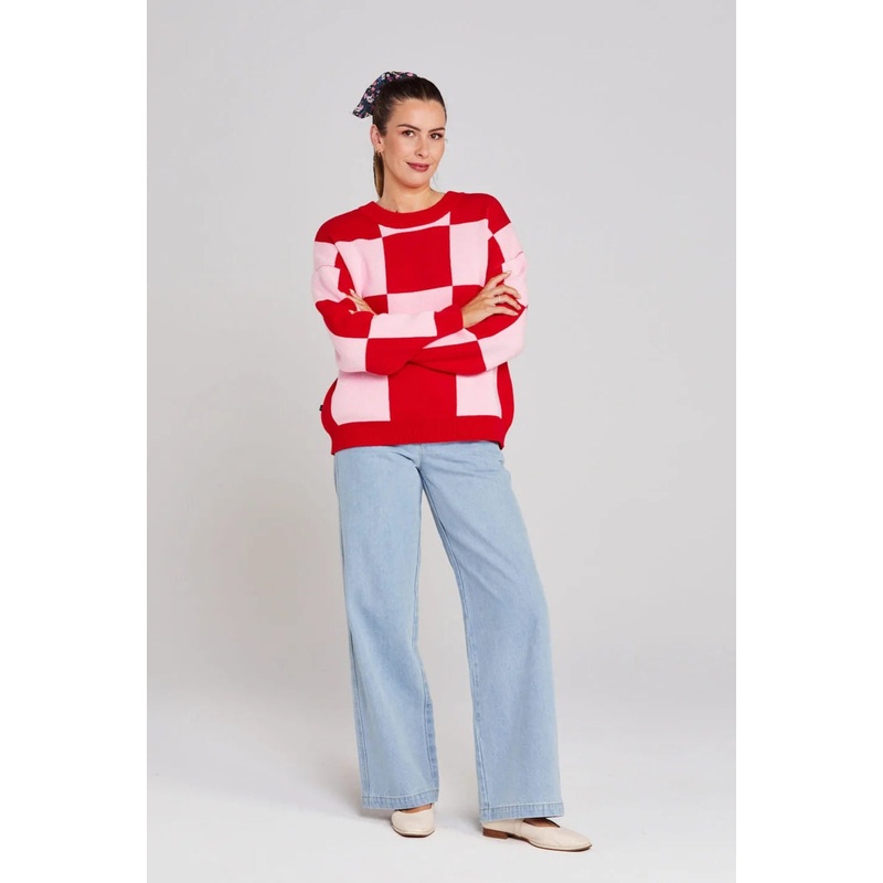 Cleo Pinky Tomato Check It Knit Jumper