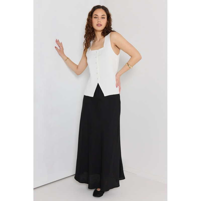 Coastal Ivory Linen Viscose Longline Square Neck Vest