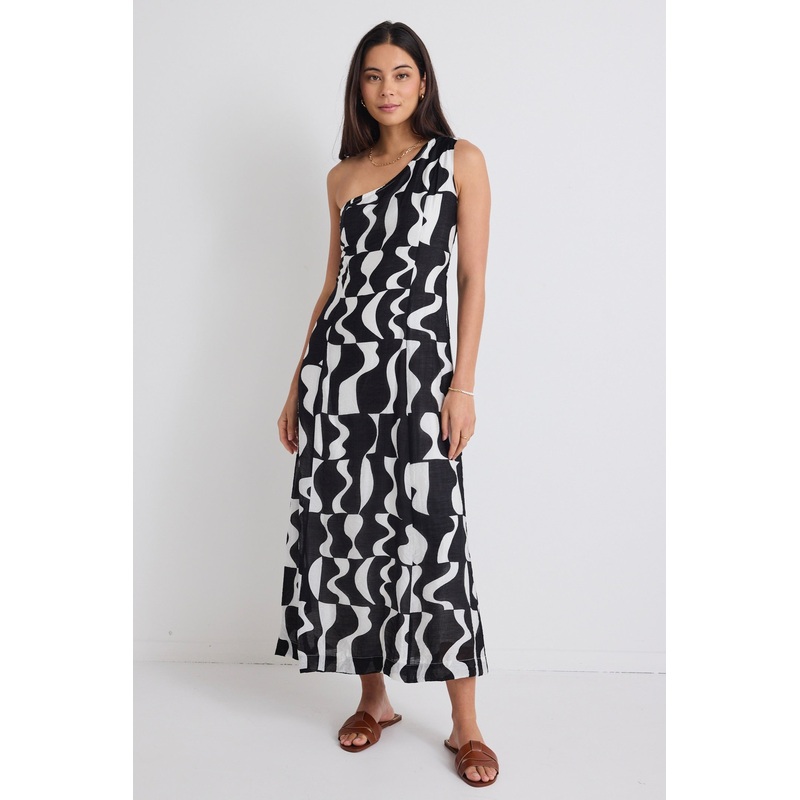 Conscious Black Wave Print One Shoulder Maxi Dress