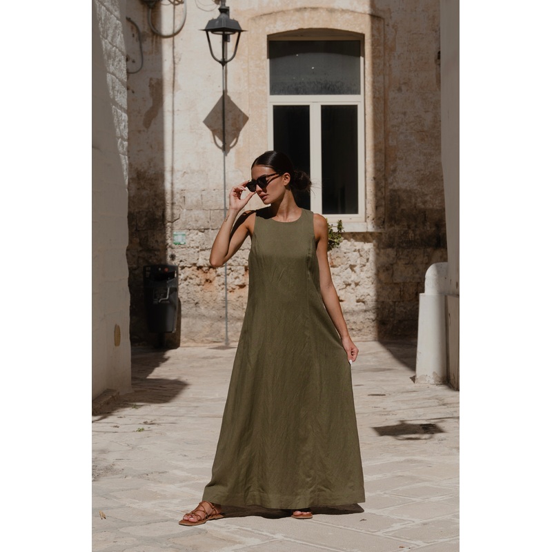 Easygoing Khaki Linen Blend Sleeveless Crew Neck Midi Dress