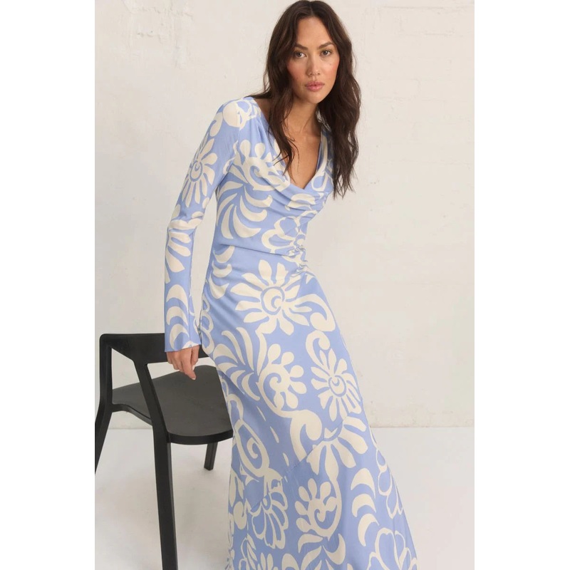 Eden Blue Floral Cowl Neck LS Maxi Dress