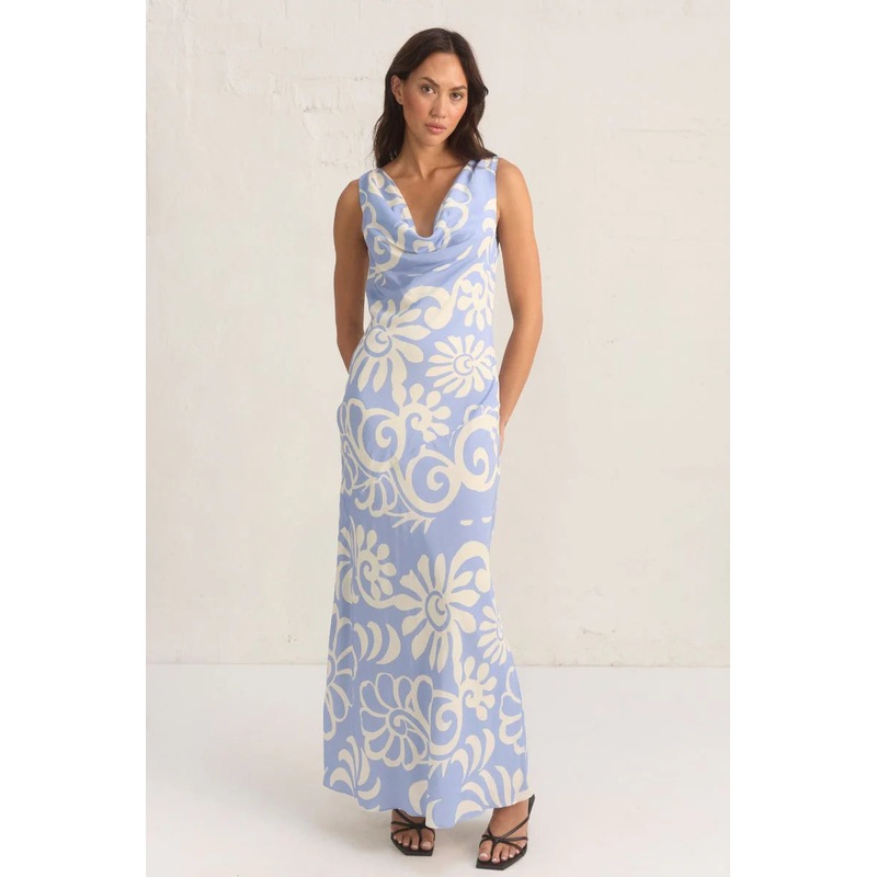 Eden Blue Floral Cowl Neck Sleeveless Dress