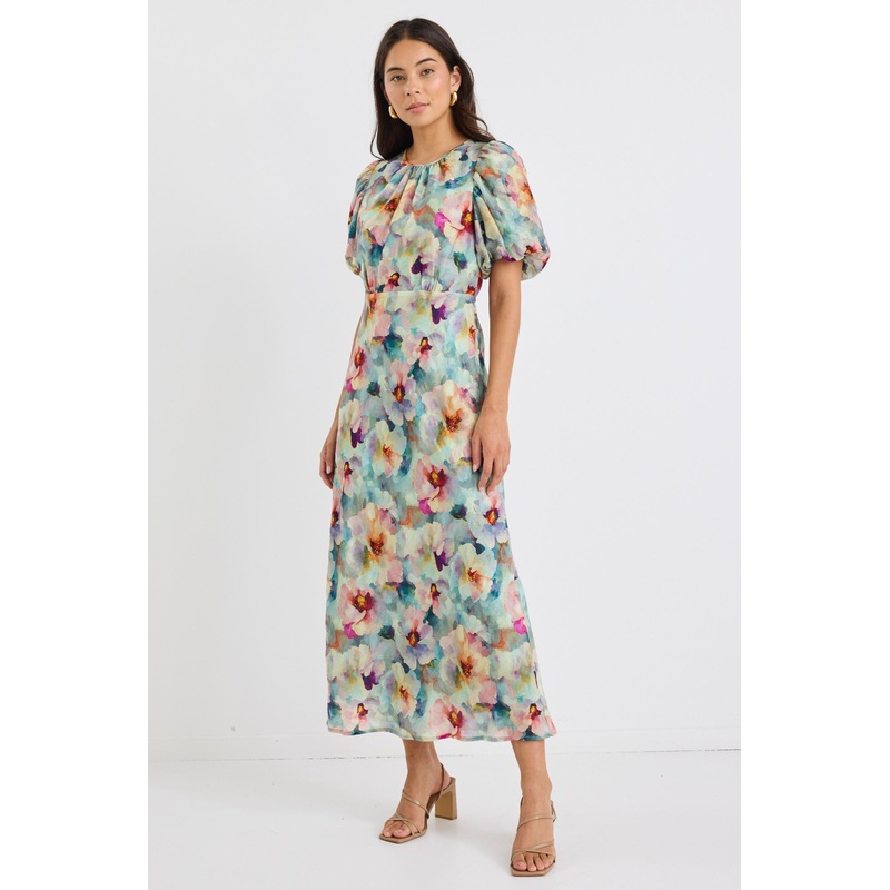 Exquisite Blue Multi Floral Puff Sleeve Midi Dress
