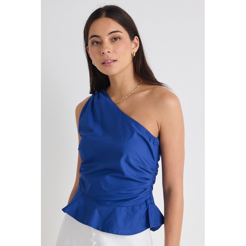 Fiction Navy Poplin One Shoulder Top