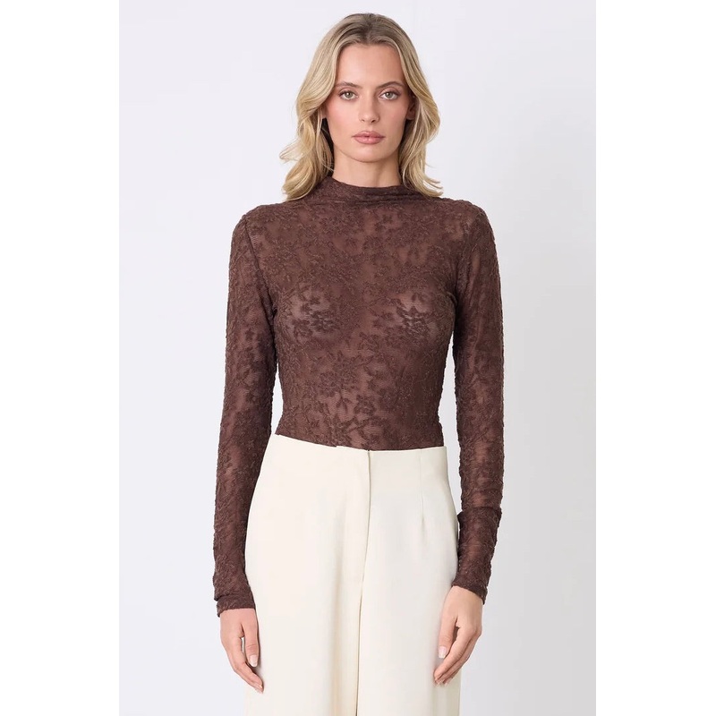 Forgiven Chocolate Textured Lace LS Top
