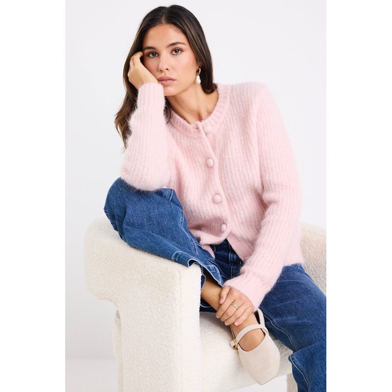 Highlight Blush Mohair Blend Crewneck Cardigan
