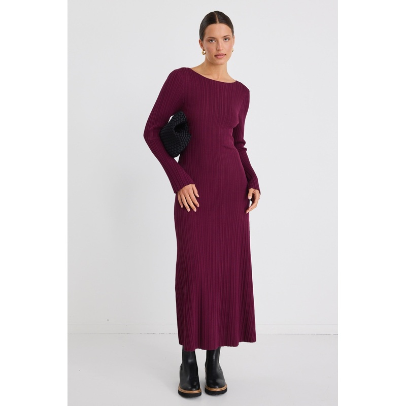 Ignite Burgundy Plum Boatneck Rib Knit Maxi Dress