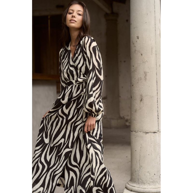 Lake Black Tiger Print LS Wrap Midi Dress