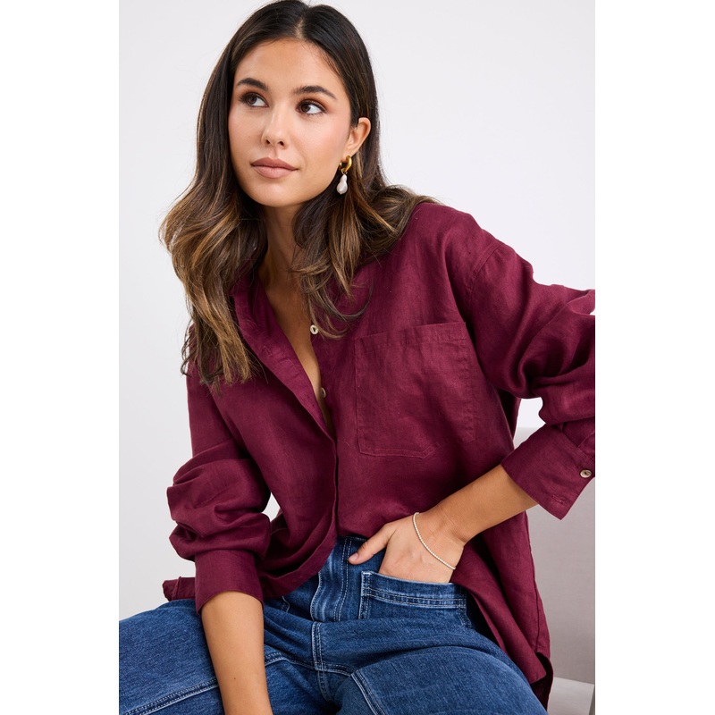 Optimum Burgundy Plum Linen Oversized Shirt