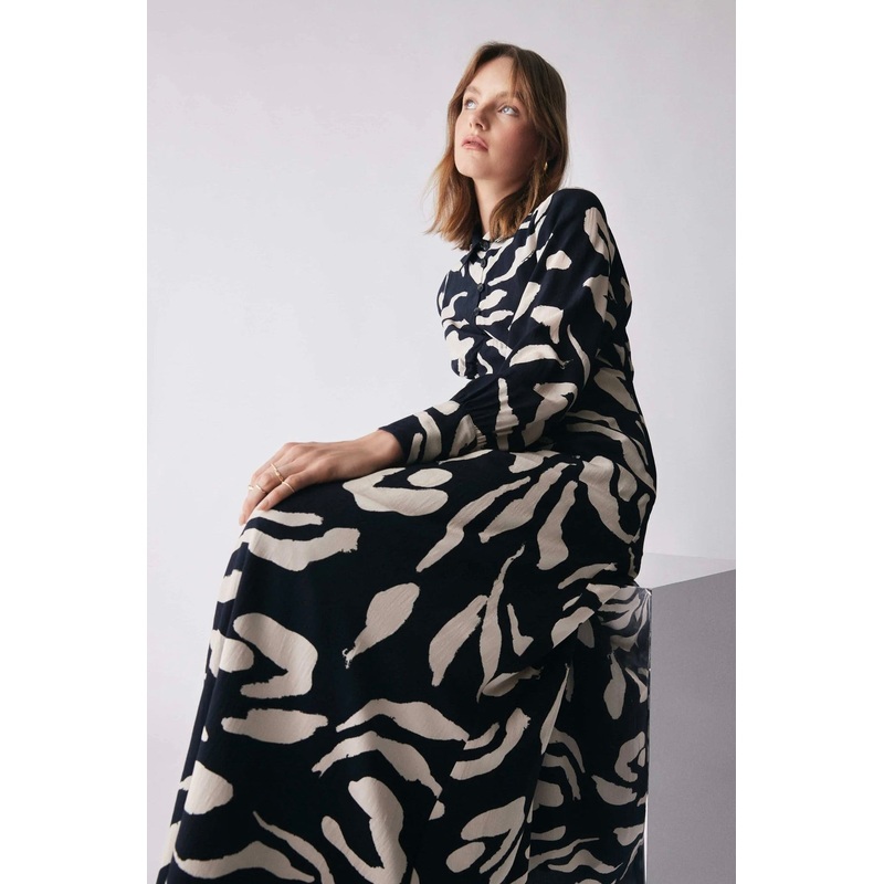 Soiree Black Pattern Front Button LS Maxi Dress