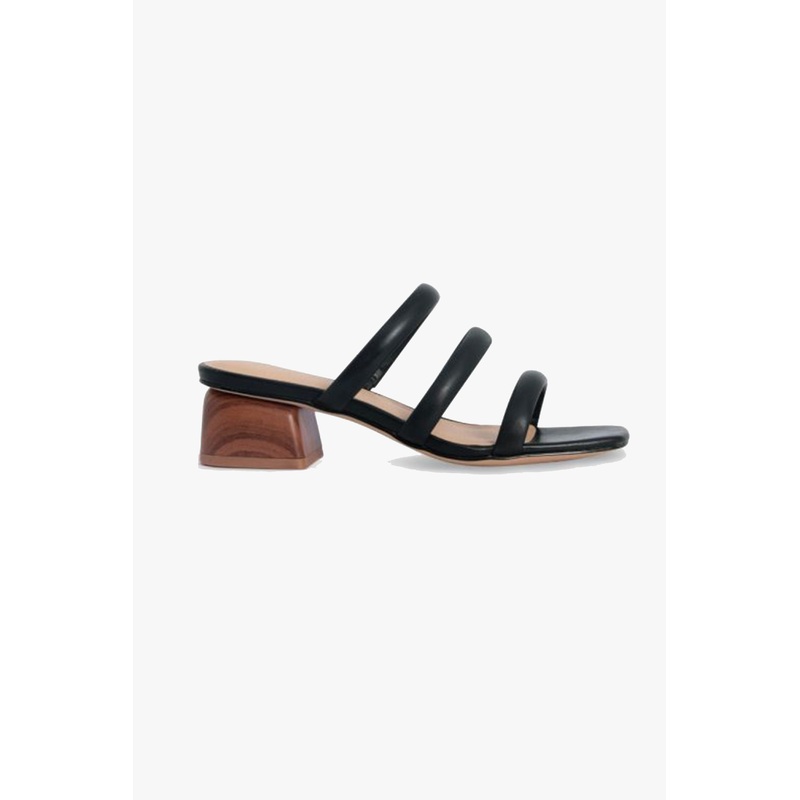 Juniper Black Square Toe Triple Strap Mid Heel Slide