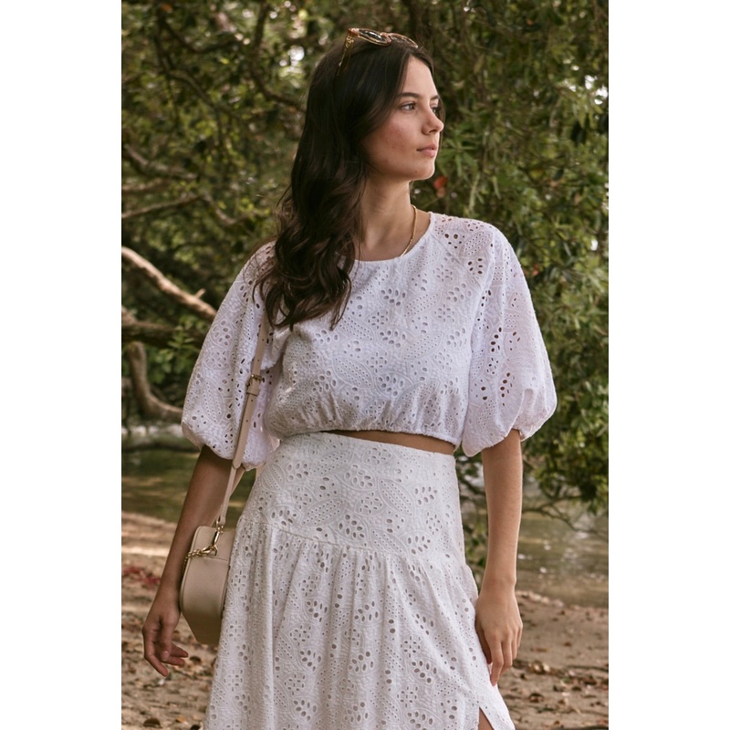 Embellish White Broidery Anglaise Cropped Puff Sleeve Top
