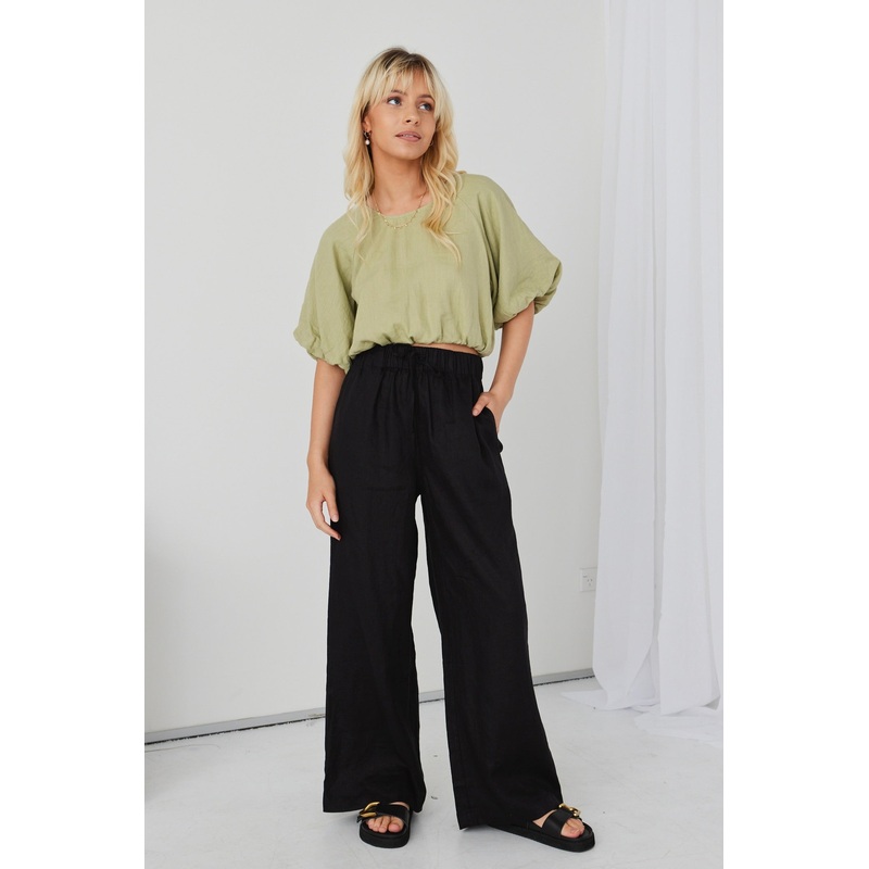 Resort Black Linen Wide Leg Elastic Waist Pant