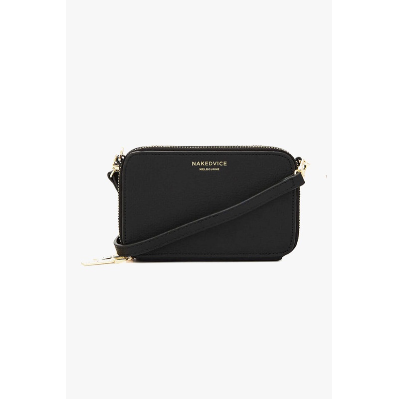 The Kiki Gold Double Zip Mini Crossbody Bag Black Leather