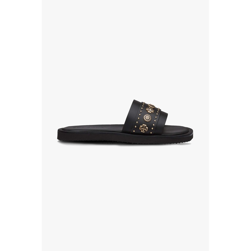 Cleo Black Leather Slide with Gold Charms