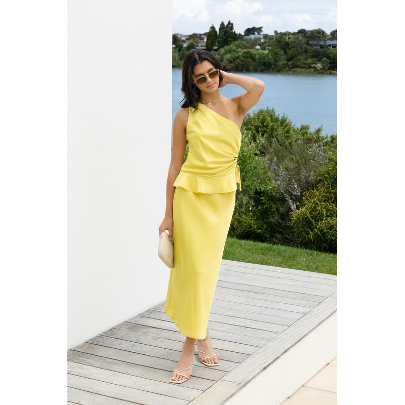 Collide Citron Satin Bias Cut Midi Skirt