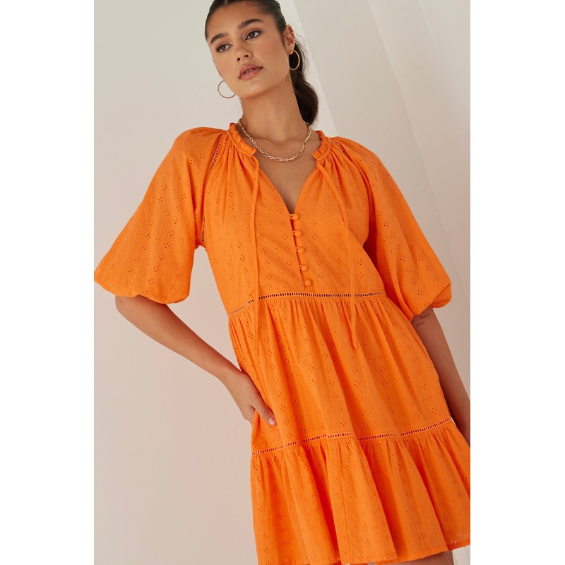 Gemini Orange Broiderie Balloon Sleeve Tiered Mini Dress