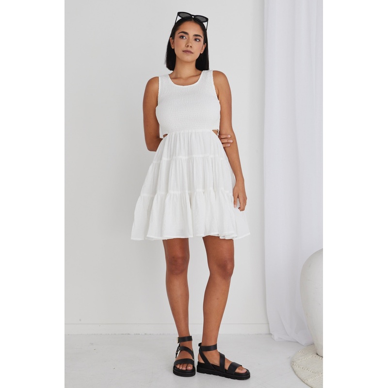 Harley White Sleeveless Waist Cut Out Tiered Mini Dress