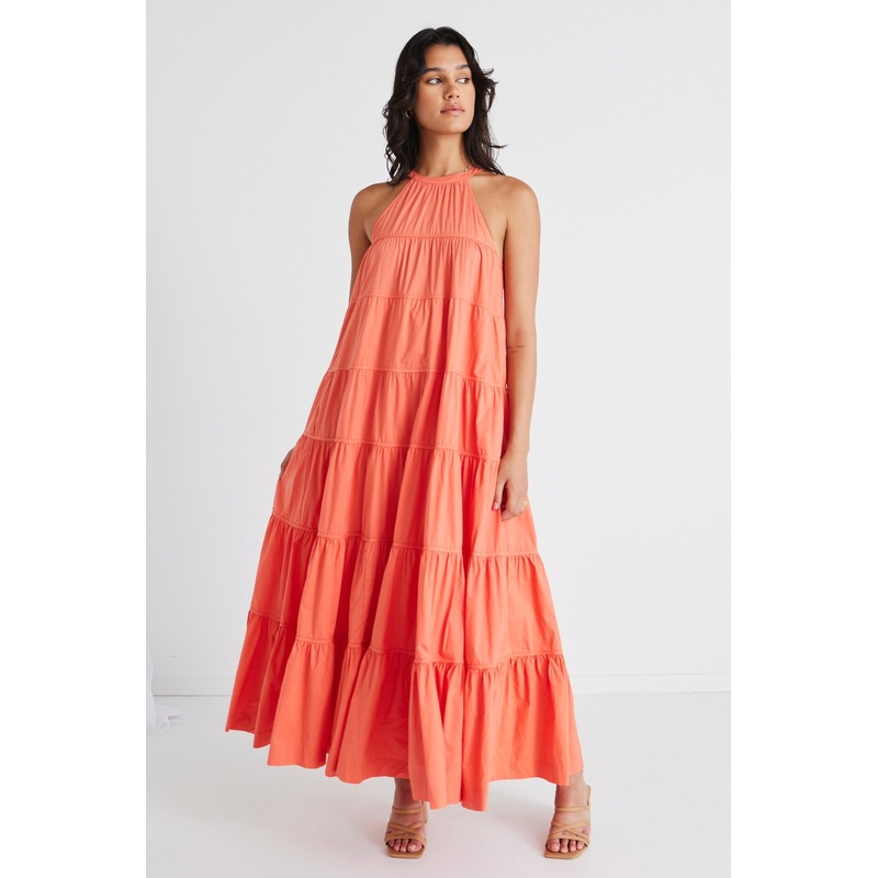 Kaye Watermelon Sleeveless High Neck Tiered Maxi Dress