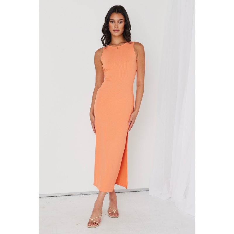 Malibu Orange Rib Twist Sleeveless Midi Dress