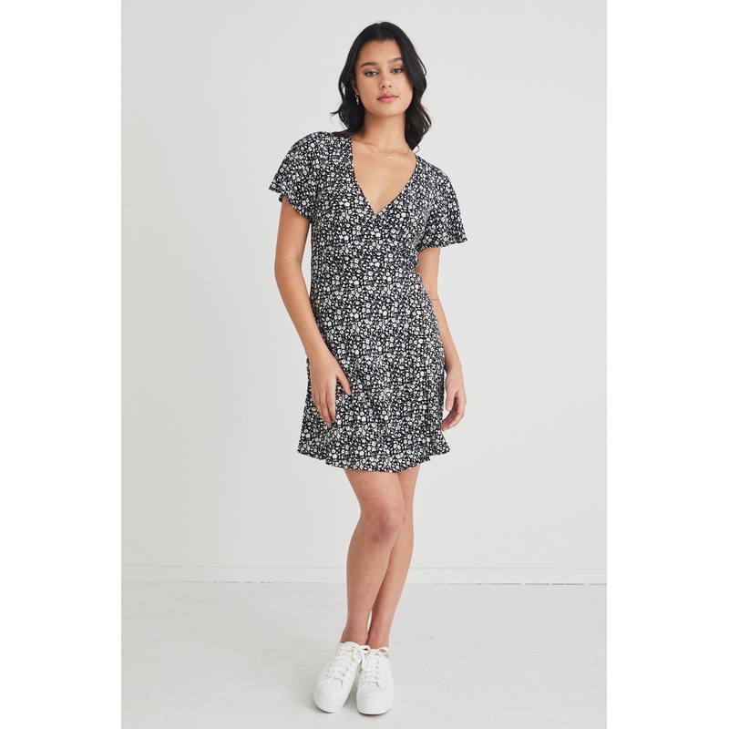 Royals Black Ditsy Ss Wrap Mini Dress