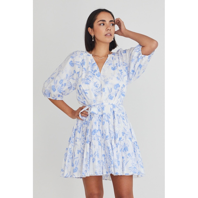 Venetia Blue Floral SS V Neck Tied Tiered Mini Dress