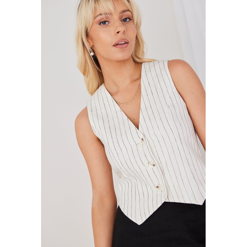Veritable White Pinstripe Linen Vest