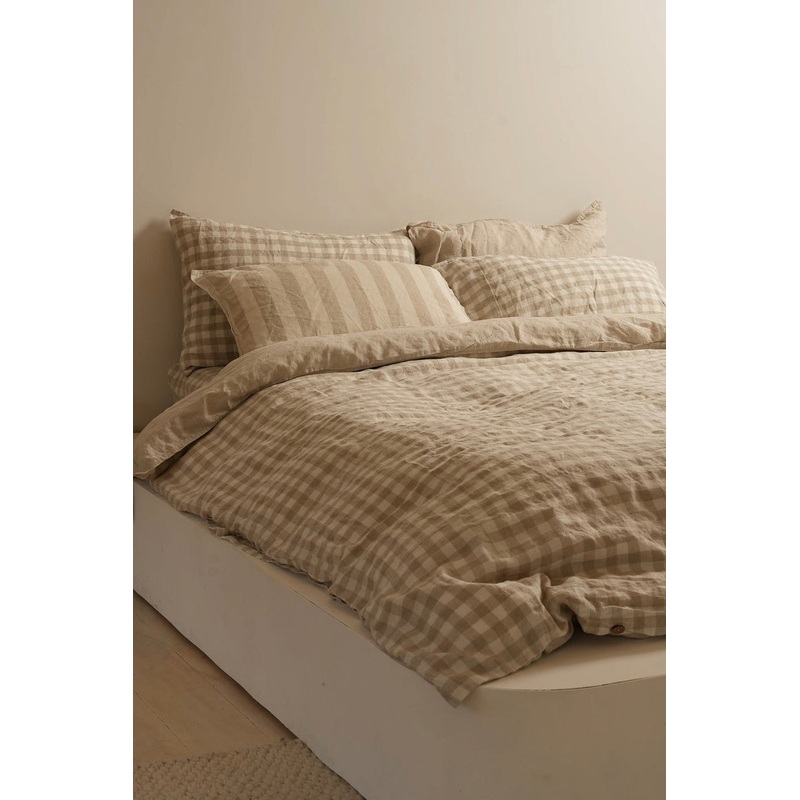 100% French Flax Linen Reversible Duvet Cover Set – Natural Gingham – King