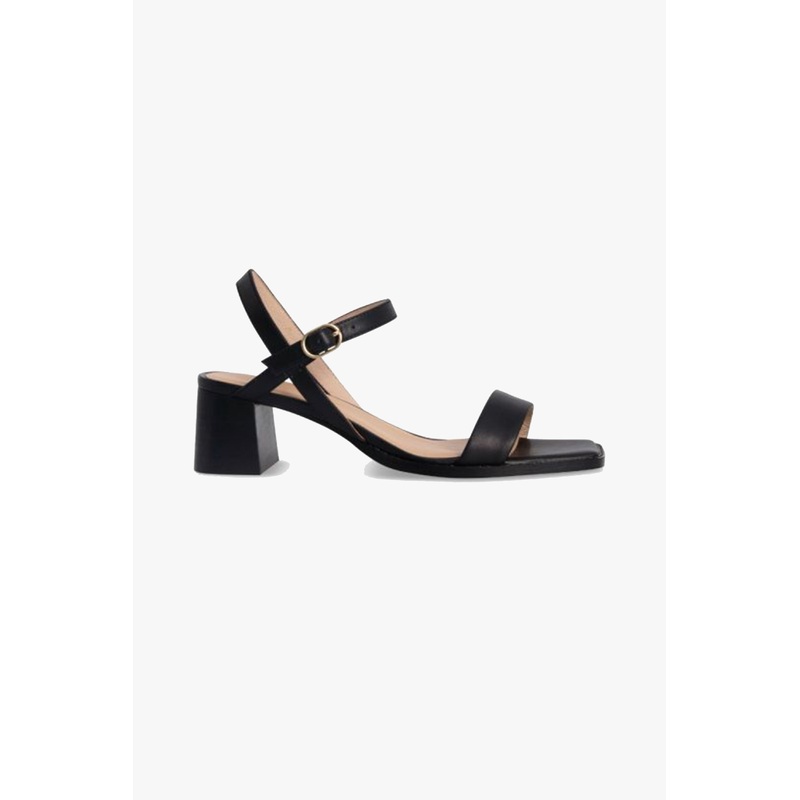 Alisia Black Square Toe Ankle Strap Mid Heel