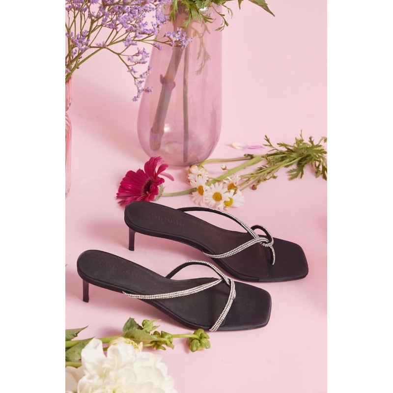 Chrissy Black Crystal Thin Strap Mule Heel