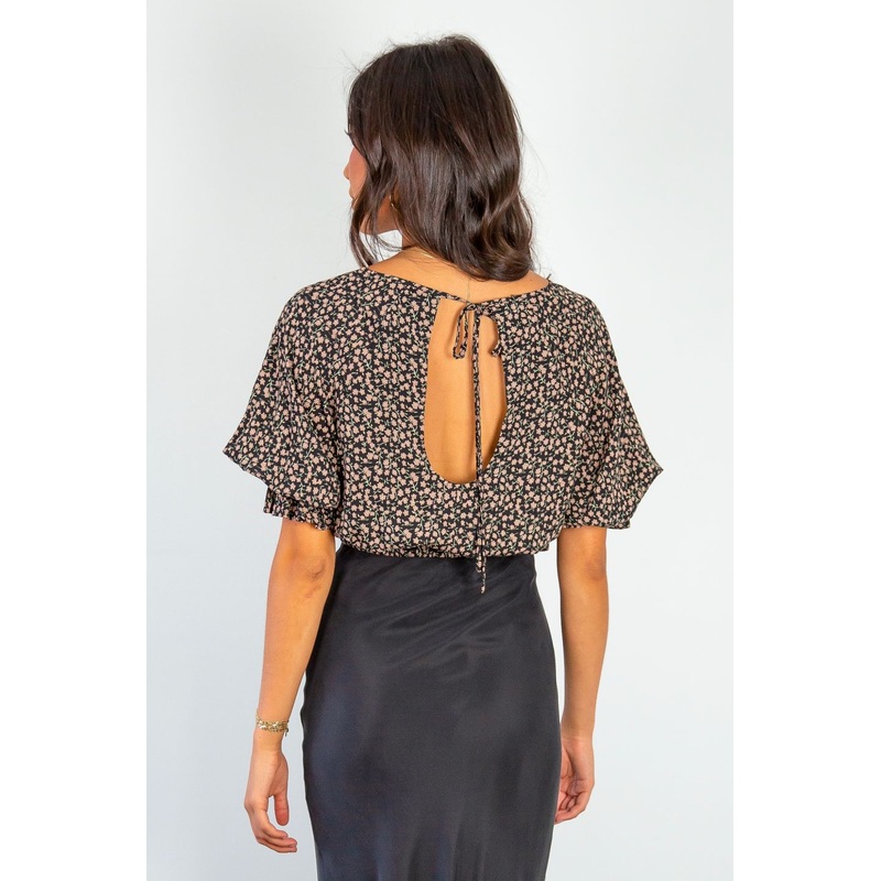 Dare Me Walnut Floral Puff Sleeve Elastic Waist Tie Back Crop Top