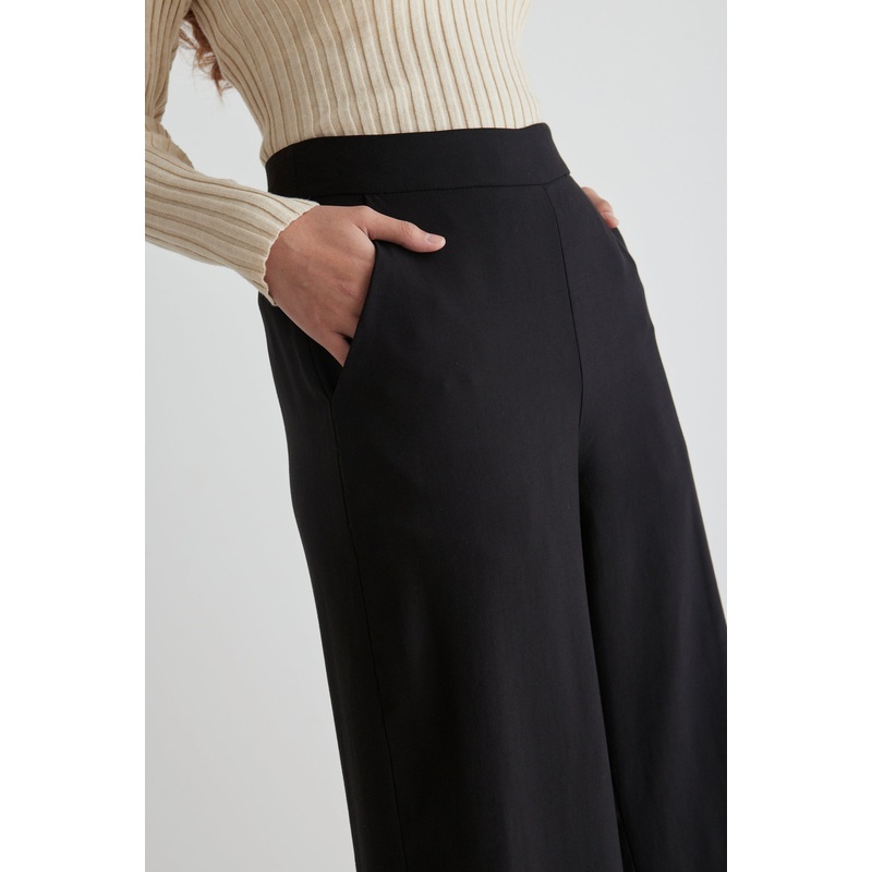 Effortless Black Viscose Deep Band Wide Leg Pant