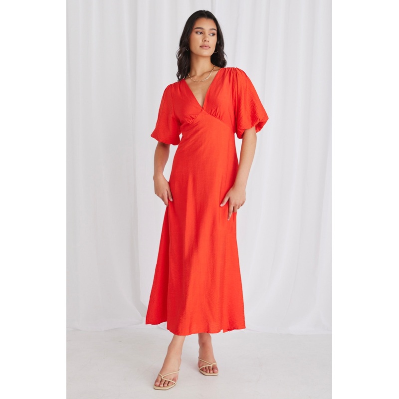 Empire Sunset Puff Sleeve Midi Dress