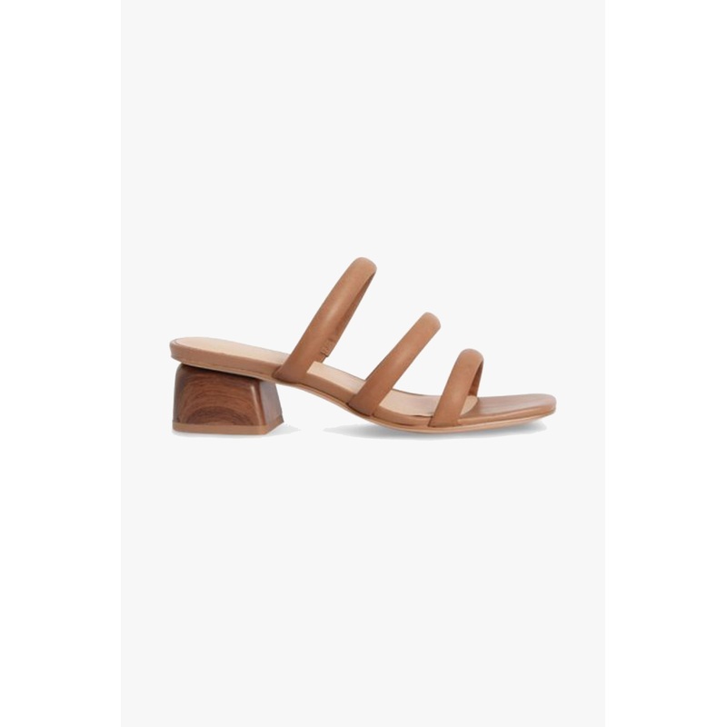 Juniper Tan Square Toe Triple Strap Mid Heel Slide