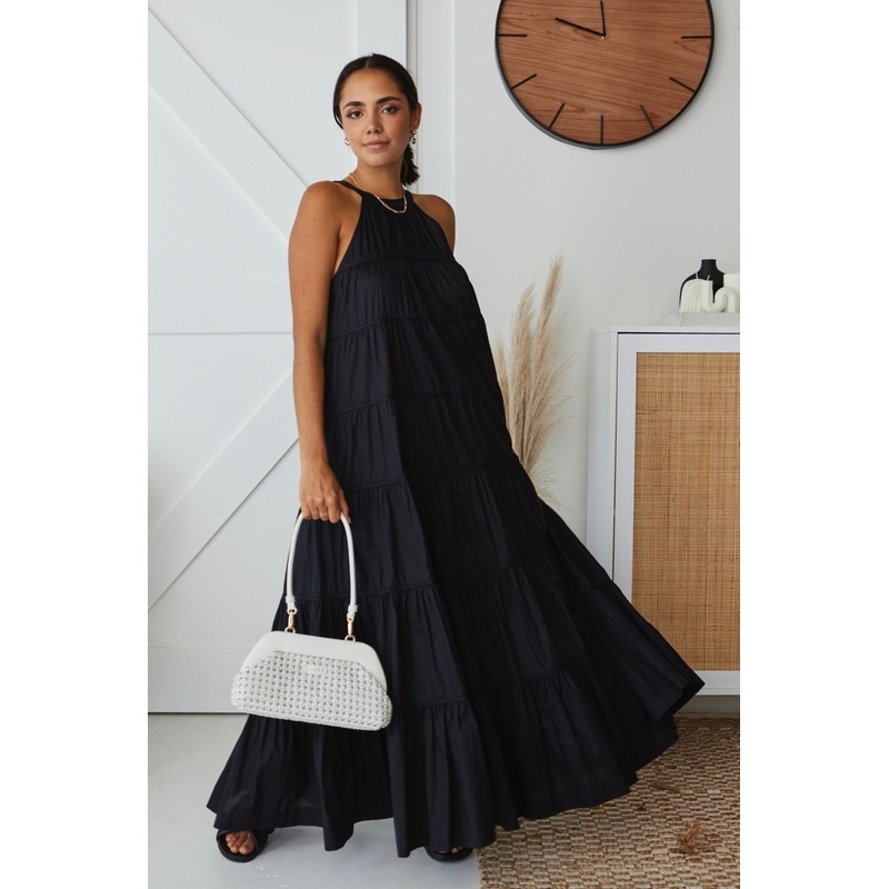 Kaye Black Cotton Sleeveless High Neck Tiered Maxi Dress