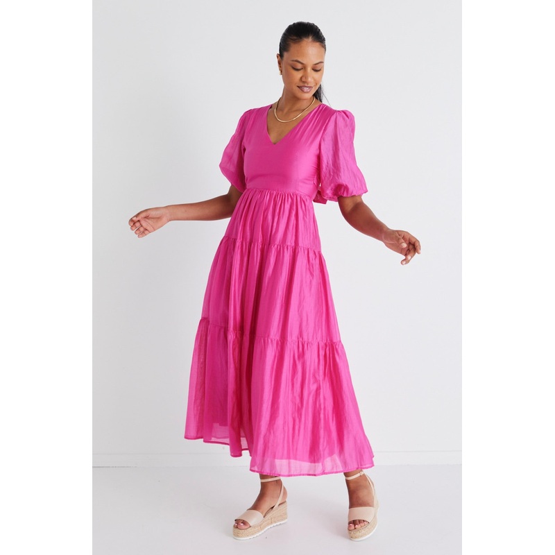 Musical Hot Pink Tie Back Puff Sleeve Maxi Dress