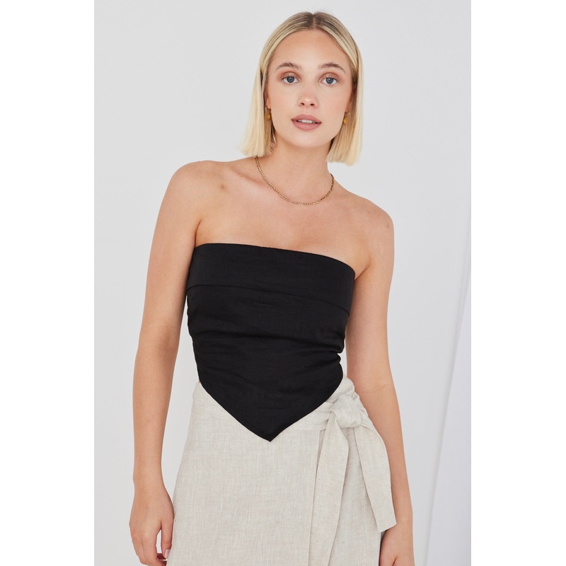 Pocket Black Linen Strapless Top