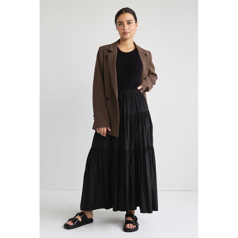 Sensational Black Tiered Satin Tie Waist Maxi Skirt
