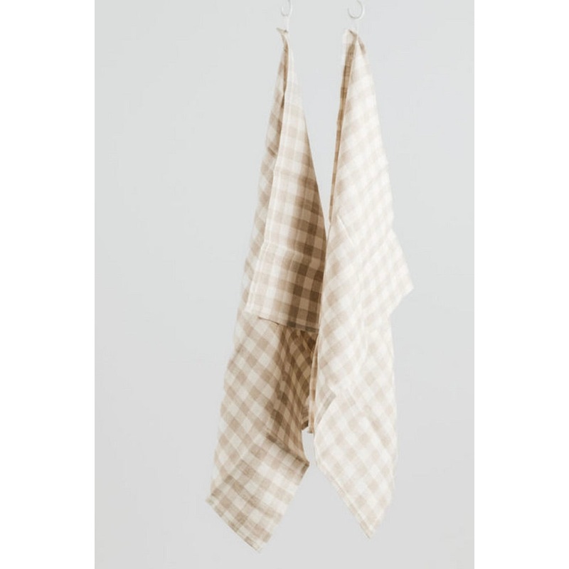 100% French Linen Natural Gingham Set2 55x75cm Tea Towel