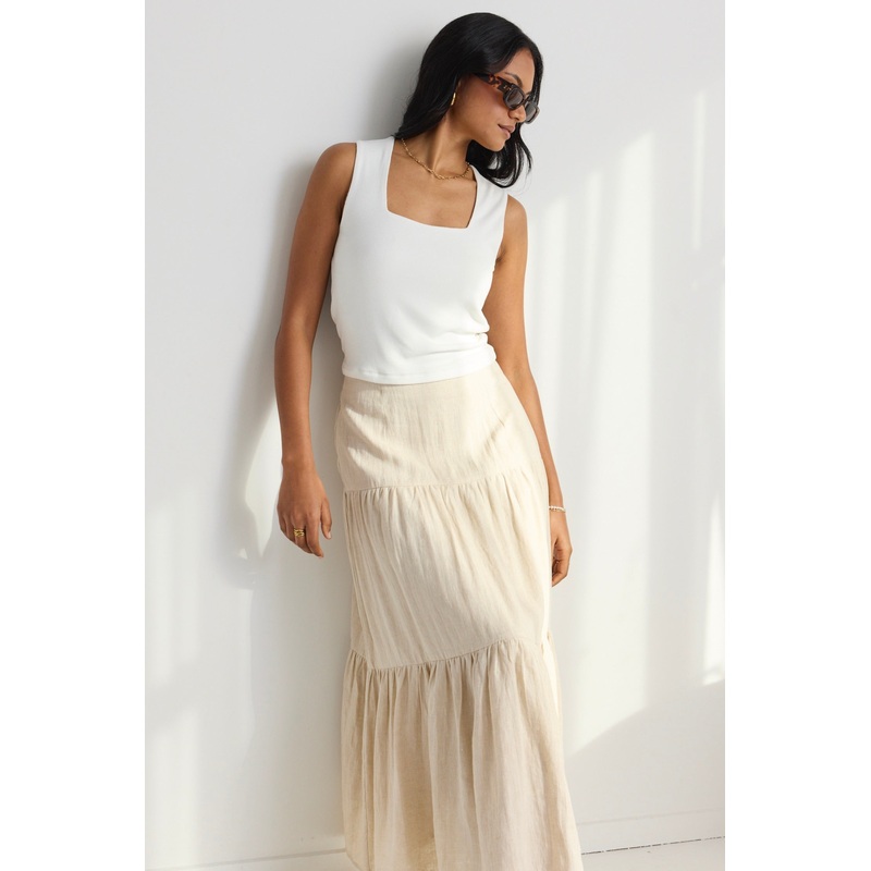 Blazing Sand Tiered Linen Midi Skirt