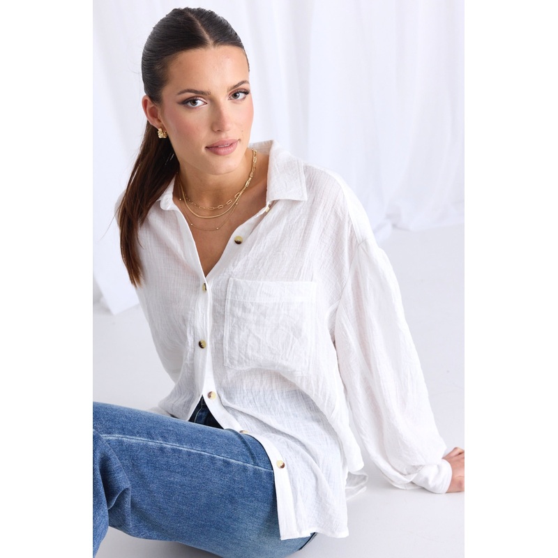 Breezy White Muslin Drop Shoulder Shirt
